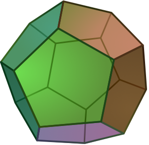 Dodecahedron or 12-cube, geometric body with 12 symmetrically disposed faces.
