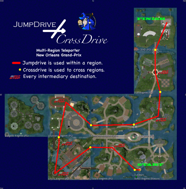 Test drive showing the drives in action: JumpDrive for intra-region teleports and the CrossDrive for crossing the region borders. 