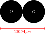 
\begin{tikzpicture}
  % particles
  \node [circle,minimum size=20mm] at (-1,0) [draw] (alpha) [black,fill,text=white] {$O$};
  \node [circle,minimum size=20mm] at (1,0) [draw] (beta) [black,fill,text=white] {$O$};
   % lines
  \draw [red,|-|,thick] (-2,-1.5) -- (0,-1.5) node[anchor=north] {$120.74\mu m$} -- (2,-1.5);
  
\end{tikzpicture}
