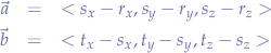 \begin{eqnarray*}
\vec{a} &=& <s_{x}-r_{x}, s_{y}-r_{y}, s_{z}-r_{z}> \\
\vec{b} &=& <t_{x}-s_{x}, t_{y}-s_{y}, t_{z}-s_{z}>
\end{eqnarray*}