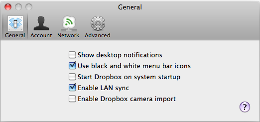 Configuring DropBox to use black icons as well as enabling LAN syncing. 