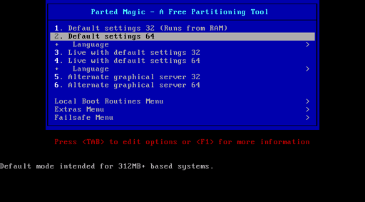 Parted Magic boot menu selection.