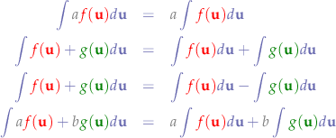 \begin{eqnarray*}
\int{{\color{gray}a}{\color{red}{\color{red}f({\bf{u}})}}d{\bf{u}}} &=& {\color{gray}a}\int{{\color{red}{\color{red}f({\bf{u}})}}d{\bf{u}}} & \\
\int{{\color{red}{\color{red}f({\bf{u}})}}+{\color{green}g({\bf{u}})}}d{\bf{u}} &=& \int{{\color{red}{\color{red}f({\bf{u}})}}}d{\bf{u}} + \int{{\color{green}g({\bf{u}})}}d{\bf{u}} & \\
\int{{\color{red}{\color{red}f({\bf{u}})}}+{\color{green}g({\bf{u}})}}d{\bf{u}} &=& \int{{\color{red}{\color{red}f({\bf{u}})}}}d{\bf{u}} - \int{{\color{green}g({\bf{u}})}}d{\bf{u}} & \\
\int{{\color{gray}a}{\color{red}{\color{red}f({\bf{u}})}}+{\color{gray}b}{\color{green}g({\bf{u}})}}d{\bf{u}} &=& {\color{gray}a}\int{{\color{red}{\color{red}f({\bf{u}})}}}d{\bf{u}} + {\color{gray}b}\int{{\color{green}g({\bf{u}})}}d{\bf{u}} & \\
\end{eqnarray*}