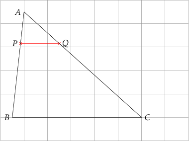 

\begin{tikzpicture}
  % grid
  \draw[help lines] (-3,-3) grid (5,3);
  
  % coordinates
  \coordinate[label={[black]left:$A$}] (A) at (-2,2.5);
  \coordinate[label={[black]left:$B$}] (B) at (-2.5,-2);
  \coordinate[label={[black]right:$C$}] (C) at (3,-2);
  
  \coordinate[label={[black]left:$P$}] (P) at ($ (A) !.3! (B) $);
  \drawpoint{P}{.5mm}{red}
  \coordinate[label={[black]south north:$Q$}] (Q) at ($ (A) !.3! (C) $);
  \drawpoint{Q}{.5mm}{red}
  
  \draw[red, solid, line width=.1mm, name path=secant] (P) -- (Q);
  
  % triangle 
  \draw[black, line width=.1mm] (A) -- (B) -- (C) -- cycle;
  
  % perpendicular
  %\draw[black, line width=.1mm] (A) -- (P);
  
\end{tikzpicture}

