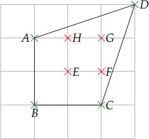 
\begin{tikzpicture}
  % grid
  \draw[help lines,step=1] (-2,-2) grid (2,2);
  
  % coordinates outer
  \coordinate[label={[black]left:$A$}] (A) at (-1,1);
  \coordinate[label={[black]below:$B$}] (B) at (-1,-1);
  \coordinate[label={[black]right:$C$}] (C) at (1,-1);
  \coordinate[label={[black]right:$D$}] (D) at (2,2);
  
  % coordinate inner
  \coordinate[label={[black]right:$E$}] (E) at (0,0);
  \coordinate[label={[black]right:$F$}] (F) at (1,0);
  \coordinate[label={[black]right:$G$}] (G) at (1,1);
  \coordinate[label={[black]right:$H$}] (H) at (0,1);
  
  % polygon 
  \draw[black, line width=.1mm] (A) -- (B) -- (C) -- (D) -- cycle;
  
  % outer lattice points
  \drawpoint{A}{1mm}{green}
  \drawpoint{B}{1mm}{green}
  \drawpoint{C}{1mm}{green}
  \drawpoint{D}{1mm}{green}
  
  % inner lattices points
  \drawpoint{E}{1mm}{red}
  \drawpoint{F}{1mm}{red}
  \drawpoint{G}{1mm}{red}
  \drawpoint{H}{1mm}{red}

\end{tikzpicture}

