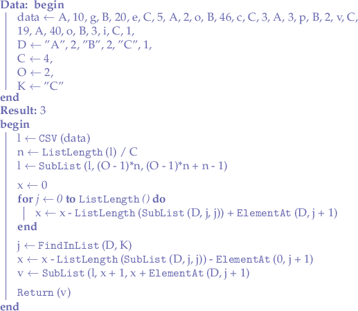 
\begin{algorithm}
\DontPrintSemicolon
\SetKwFunction{GetValue}{GetValue}
\SetKwFunction{CSV}{CSV}
\SetKwFunction{ListLength}{ListLength}
\SetKwFunction{SubList}{SubList}
\SetKwFunction{FindInList}{FindInList}
\SetKwFunction{ElementAt}{ElementAt}
\SetKwFunction{Return}{Return}

\KwData{
    \Begin{
        data $\leftarrow$ A, 10, g, B, 20, e, C, 5, A, 2, o, B, 46, c, C, 3, A, 3, p, B, 2, v, C, 19, A, 40, o, B, 3, i, C, 1, \\
        D $\leftarrow$ "A", 2, "B", 2, "C", 1, \\
        C $\leftarrow$ 4, \\
        O $\leftarrow$ 2, \\
        K $\leftarrow$ "C"
    }
}
\KwResult{3}

\Begin{
    l $\leftarrow$ \CSV(data)\;
    n $\leftarrow$ \ListLength(l) $/$ C\;
    l $\leftarrow$ \SubList(l, (O - 1)*n, (O - 1)*n + n - 1)\;

    \BlankLine

    x $\leftarrow$ 0\;
    \For{j $\leftarrow$ 0 \KwTo \ListLength(\D)} {
        x $\leftarrow$ x - \ListLength(\SubList(D, j, j)) + \ElementAt(D, j + 1)\;
    } \\

    \BlankLine

    j $\leftarrow$ \FindInList(D, K)\;
    x $\leftarrow$ x - \ListLength(\SubList(D, j, j)) - \ElementAt(0, j + 1)\;
    v $\leftarrow$ \SubList(l, x + 1, x + \ElementAt(D, j + 1)\;
    \BlankLine

    \Return(v)\;
}
\end{algorithm}
