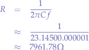 \begin{eqnarray*}
R &=& \frac{1}{2 \pi C f} \\
&\approx& \frac{1}{ 2 3.14 50 0.000001 } \\
&\approx& 7961.78 \Omega
\end{eqnarray*}