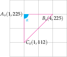 
\begin{tikzpicture}
  % grid
  \draw[help lines] (-2,-2) grid (2,2);
  
  % origin
  %\draw[red, line width=.1mm] (-0.1,-0.1) -- (0.1,0.1)
  %  (0.1,-0.1) -- (-0.1,0.1);
  %\coordinate[label={[red]above:$O$}] (O) at (0,0);
  
  % coordinates
  \coordinate[label={[black]left:$A_{s}(1,225)$}] (A) at (-1,1);
  \coordinate[label={[black]below:$B_{s}(4,225)$}] (B) at (1,1);
  \coordinate[label={[black]right:$C_{s}(1,112)$}] (C) at (-1,-1);
  
  % triangle 
  \draw[magenta, line width=.1mm] (A) -- (B) -- (C) -- cycle;
  
  % alpha 
  \markangle{A}{B}{C}{3mm}{3mm}{$\alpha$}{cyan}{north}
  
  % braces
  %\drawbrace{B}{C}{2mm}{blue}{$a$}{0}{-4mm}{mirror}
  %\drawbrace{A}{B}{2mm}{green}{$c$}{-4mm}{0}{mirror}
  %\drawbrace{A}{C}{2mm}{red}{$b$}{3mm}{3mm}{}
  
\end{tikzpicture}

