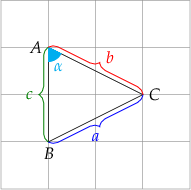 

\begin{tikzpicture}
  % grid
  \draw[help lines] (-2,-2) grid (2,2);
  
  % origin
  %\draw[red, line width=.1mm] (-0.1,-0.1) -- (0.1,0.1)
  %  (0.1,-0.1) -- (-0.1,0.1);
  %\coordinate[label={[red]above:$O$}] (O) at (0,0);
  
  % coordinates
  \coordinate[label={[black]left:$A$}] (A) at (-1,1);
  \coordinate[label={[black]below:$B$}] (B) at (-1,-1);
  \coordinate[label={[black]right:$C$}] (C) at (1,0);
  
  % triangle 
  \draw[black, line width=.1mm] (A) -- (B) -- (C) -- cycle;
  
  % alpha 
  \markangle{A}{B}{C}{3mm}{3mm}{$\alpha$}{cyan}{north}
  
  % braces
  \drawbrace{B}{C}{2mm}{blue}{$a$}{0}{-4mm}{mirror}
  \drawbrace{A}{B}{2mm}{green}{$c$}{-4mm}{0}{mirror}
  \drawbrace{A}{C}{2mm}{red}{$b$}{3mm}{3mm}{}
  
\end{tikzpicture}

